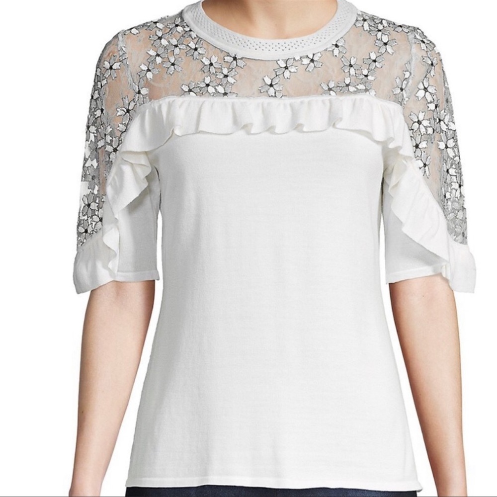 Elie Tahari Women’s Flora Illusion Merino Wool Pullover Cream Blouse Size XS